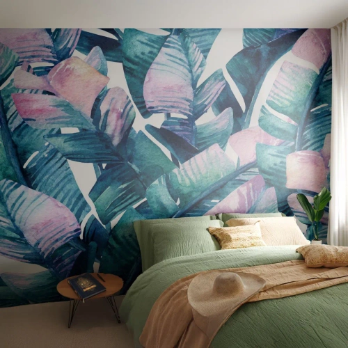 Fototapete Premium Sand - Aquarell tropische Blätter in Pastellfarben - 100x70cm - In einem Bananenhain - Moderne Wanddekoration für Wohnzimmer und Schlafzimmer ARTTOR
