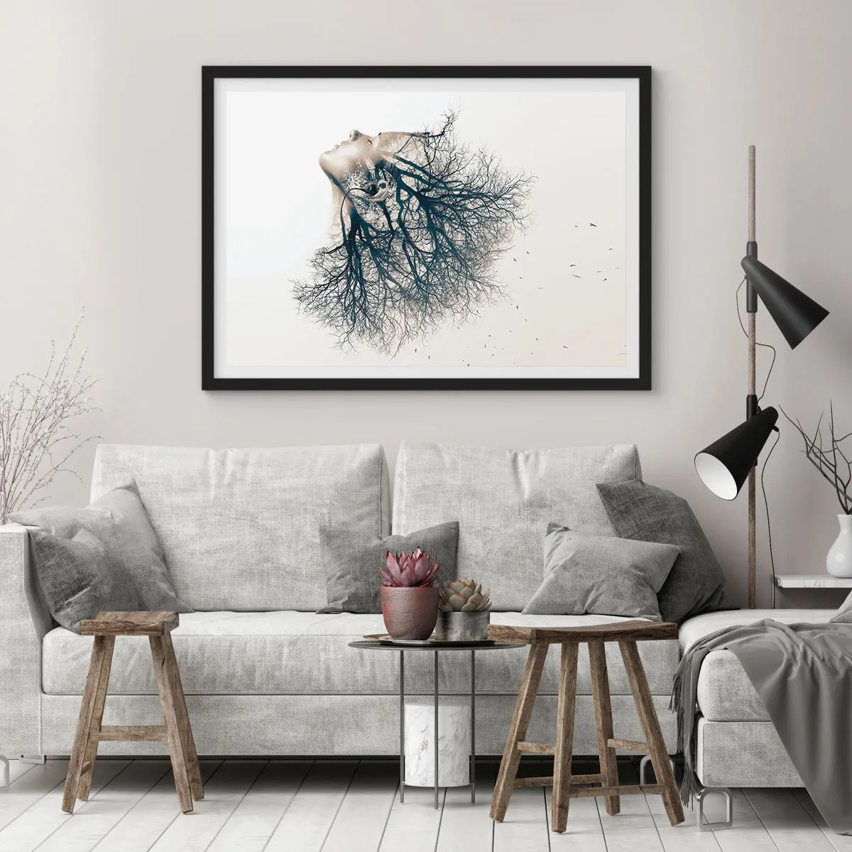 Poster in einem schwarzem Rahmen - Kreative Silhouette einer Frau und Bäume - 70x50cm - Dem Rauschen der Bäume lauschen - Moderne Wanddekoration für Wohnzimmer und Schlafzimmer ARTTOR