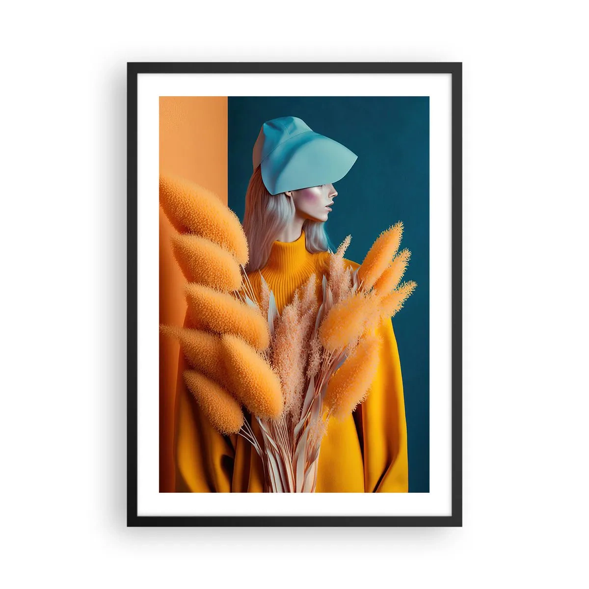 Poster in einem schwarzem Rahmen - Ein modernes Frauenporträt in warmen Farben - 50x70cm - Flauschiges Porträt - Moderne Wanddekoration für Wohnzimmer und Schlafzimmer ARTTOR