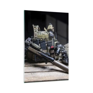 Glasbild - Bild auf glas - Taktische Ausrüstung mit einem Gewehr auf einem Holztisch - 70x100cm - Sich ausruhen! - Moderne Wanddekoration für Wohnzimmer und Schlafzimmer ARTTOR