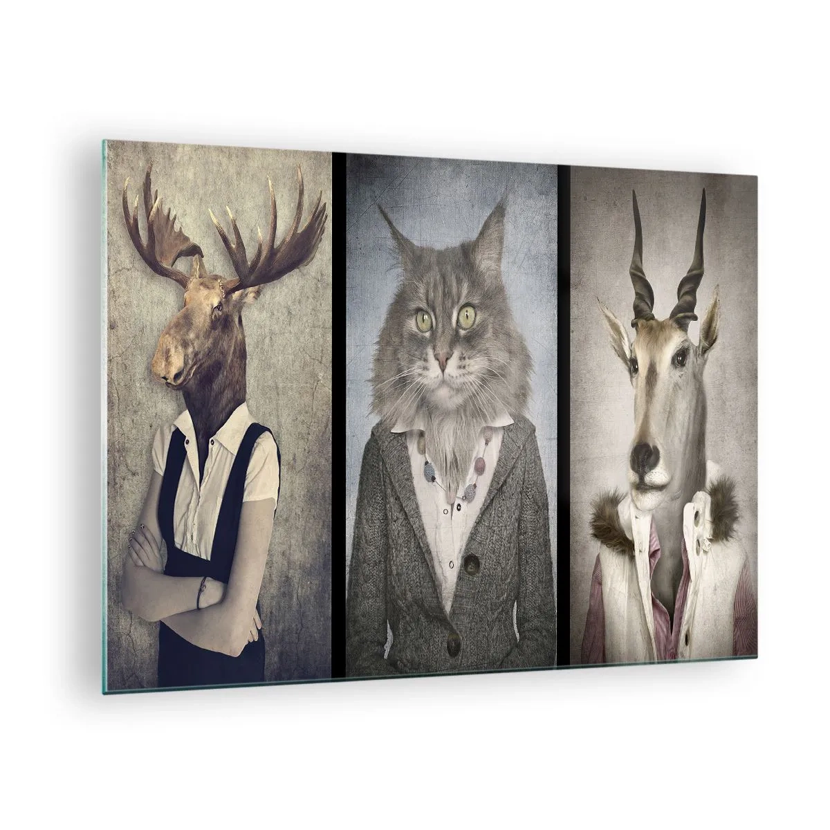 Glasbild - Bild auf glas - Drei surreale Tierporträts in eleganten menschlichen Kostümen. - 70x50cm - Pelze sind wieder in Mode - Moderne Wanddekoration für Wohnzimmer und Schlafzimmer ARTTOR
