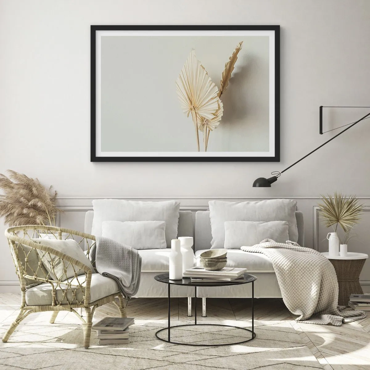 Poster in einem schwarzem Rahmen - Getrocknete Palmblätter in minimalistischem Arrangement - 100x70cm - Wenn Sie Erleichterung brauchen - Moderne Wanddekoration für Wohnzimmer und Schlafzimmer ARTTOR