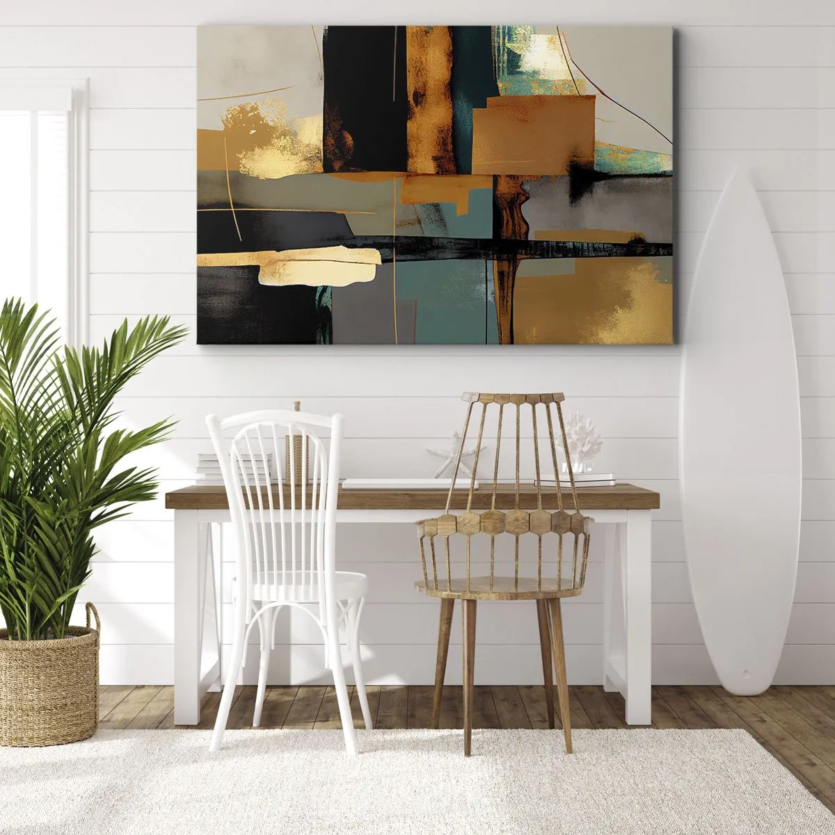 Bild auf Leinwand - Leinwandbild - Abstrakte Komposition mit goldenen und türkisfarbenen Elementen - 70x50cm - Abstraktion – Licht und Schatten - Moderne Wanddekoration für Wohnzimmer und Schlafzimmer ARTTOR