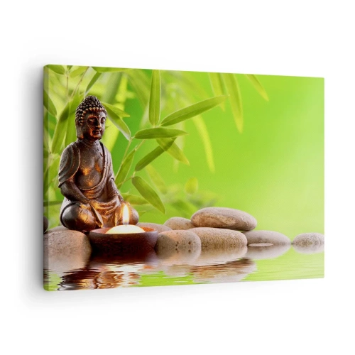 Bild auf Leinwand - Leinwandbild - Buddha-Figur mit Steinen und einer Kerze vor Bambus-Hintergrund - 70x50cm - Das Leben ist wunderschoen - Moderne Wanddekoration für Wohnzimmer und Schlafzimmer ARTTOR