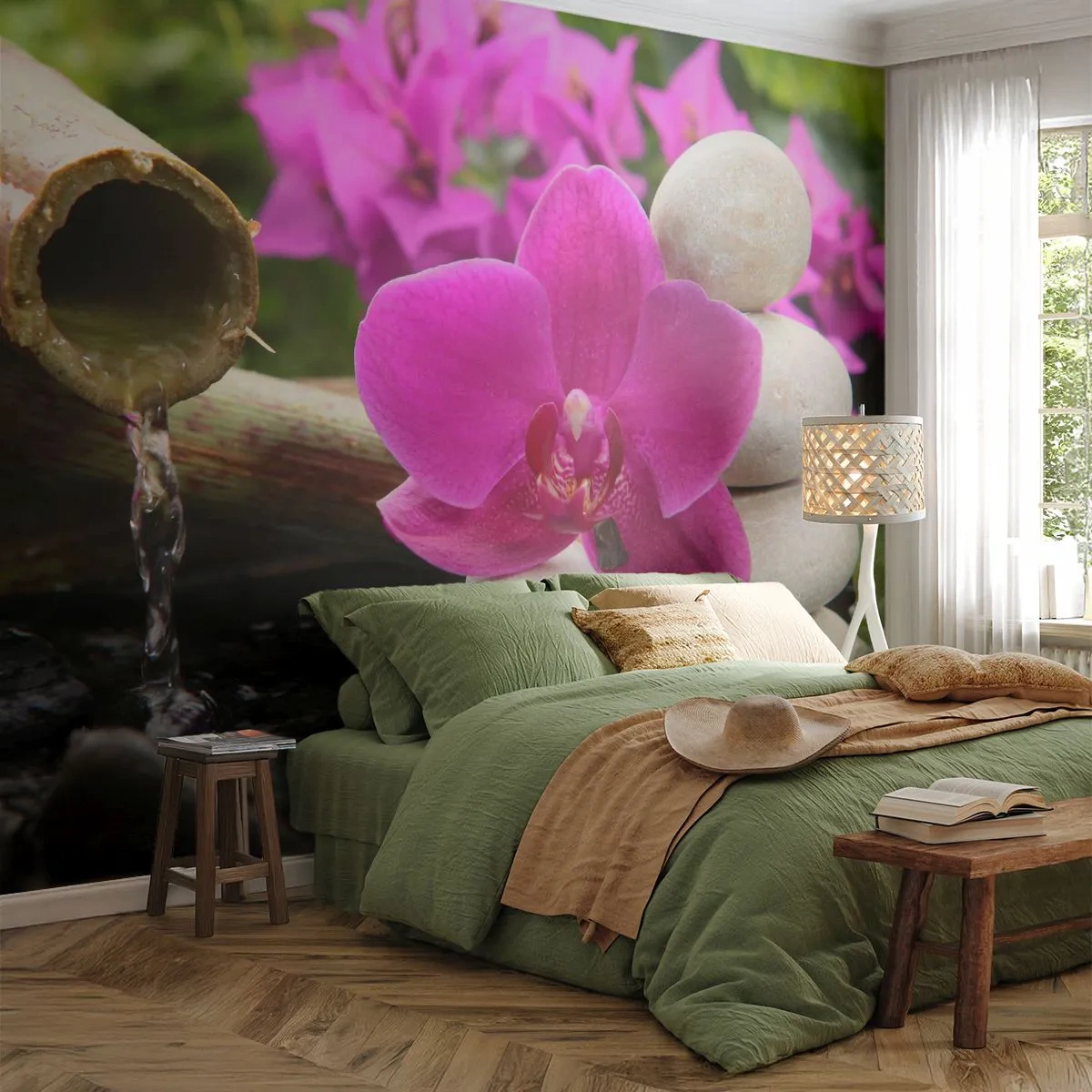 Fototapete Premium Sand - Du ruhst dich schon aus - Blumen, Bambus, Orchidee - 250x175 cm