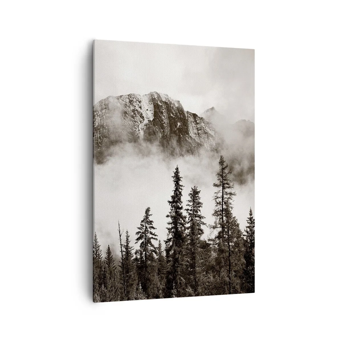 Bild auf Leinwand - Leinwandbild - Ein malerischer Berggipfel, umgeben von Nebel und einem sepiafarbenen Wald - 70x100cm - Lineal aus Granit - Moderne Wanddekoration für Wohnzimmer und Schlafzimmer ARTTOR