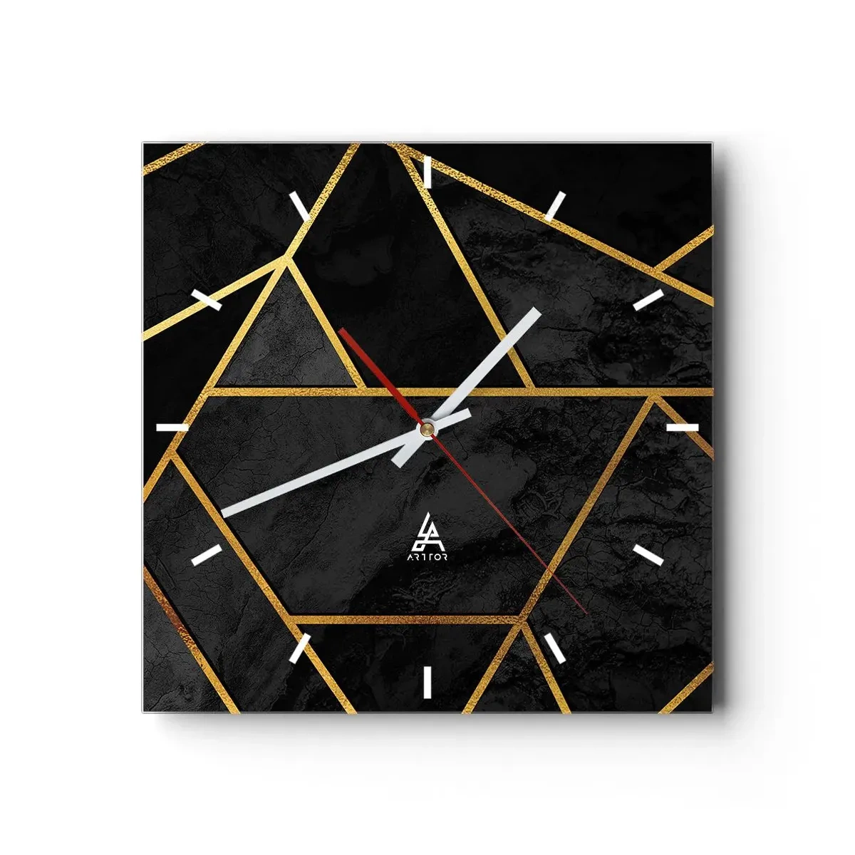 Wanduhr - Glasuhr - Geometrisches Goldmuster auf schwarzem Hintergrund - 30x30cm - Dunkelheit und Glanz - Moderne Wanddekoration für Wohnzimmer und Schlafzimmer ARTTOR