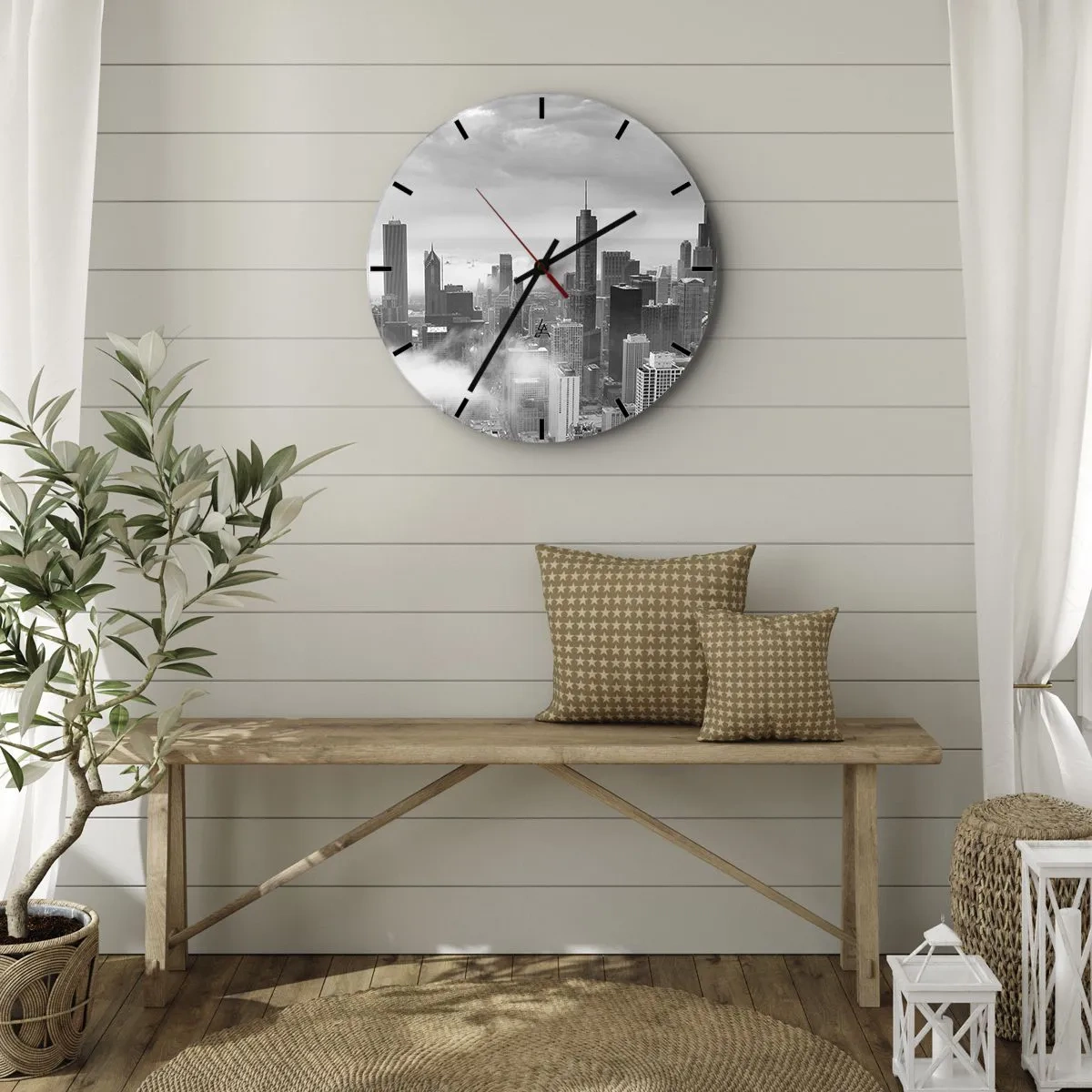 Wanduhr - Glasuhr - Schwarz-weißes Stadtpanorama mit Wolkenkratzern und Nebel - 30x30cm - Amerikanische Landschaft - Moderne Wanddekoration für Wohnzimmer, Küche und Schlafzimmer ARTTOR