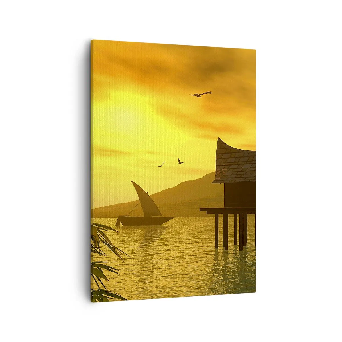Bild auf Leinwand - Leinwandbild - Tropischer Sonnenuntergang über dem Wasser mit Holzhaus auf Stelzen. - 50x70cm - Der ersehnte Frieden - Moderne Wanddekoration für Wohnzimmer und Schlafzimmer ARTTOR