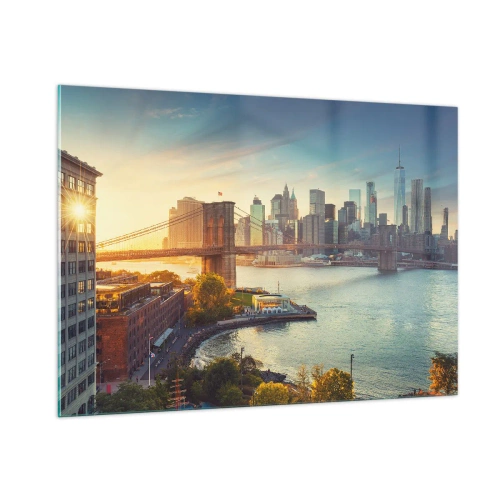 Glasbild - Bild auf glas - New York City-Panorama mit Brooklyn Bridge - 100x70cm - Morgendämmerung der Großstadt - Moderne Wanddekoration für Wohnzimmer und Schlafzimmer ARTTOR