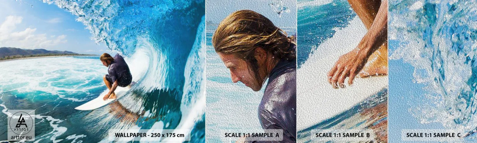 Fototapeten Muster Premium Sand - Tanzen mit den Wellen - Sport, Surfen, Surfbrett - 100x30 cm