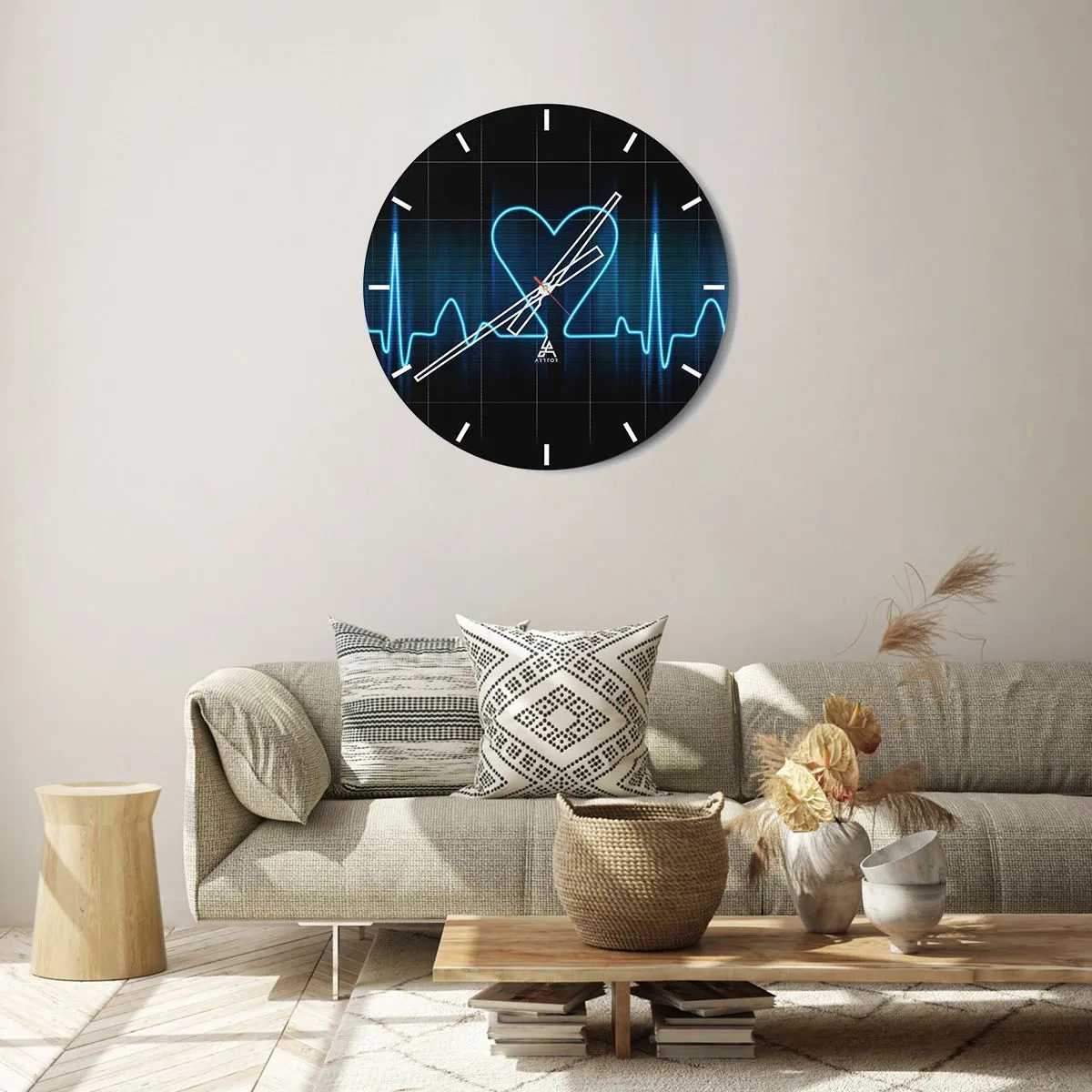 Wanduhr - Glasuhr - Herzförmiges EKG-Linienmotiv auf schwarzem Hintergrund - 30x30cm - Im Rhythmus des Herzens - Moderne Wanddekoration für Wohnzimmer, Küche und Schlafzimmer ARTTOR