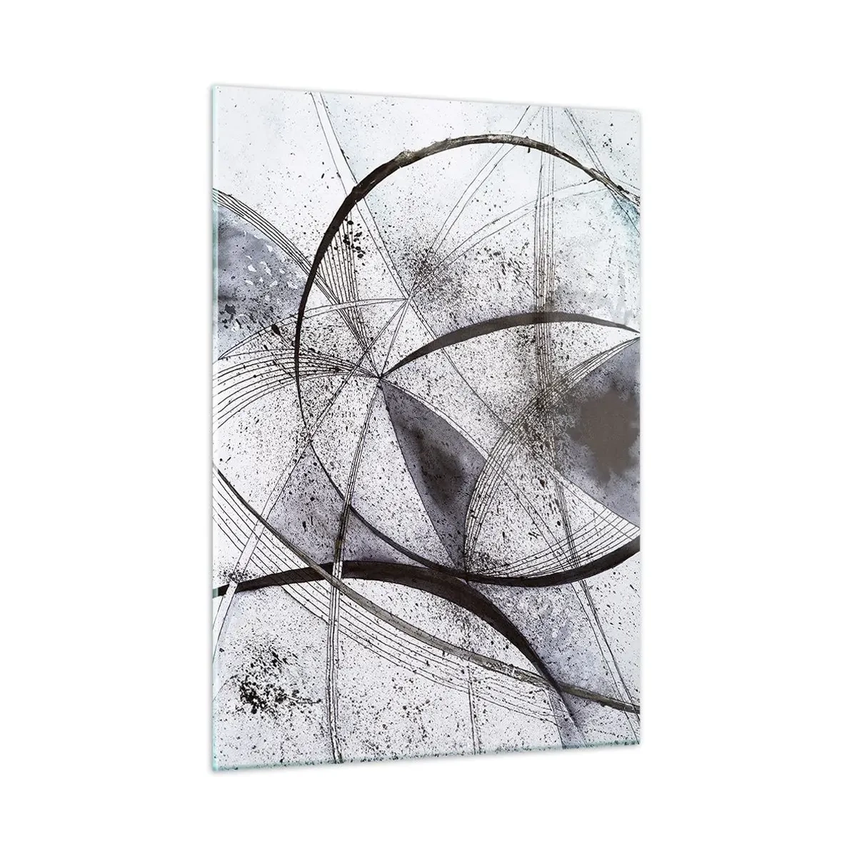 Glasbild - Bild auf glas - Eine Schwarz-Weiß-Komposition aus sich kreuzenden Linien und geometrischen Bögen. - 50x70cm - Futuristische Fantasie - Moderne Wanddekoration für Wohnzimmer und Schlafzimmer ARTTOR