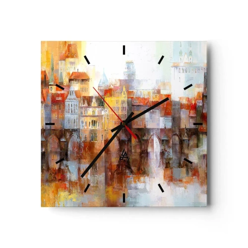 Wanduhr - Glasuhr - Ein malerisches Panorama der Stadt mit einer Brücke in Herbstfarben - 30x30cm - Schön ist es auch unter der Brücke - Moderne Wanddekoration für Wohnzimmer und Schlafzimmer ARTTOR
