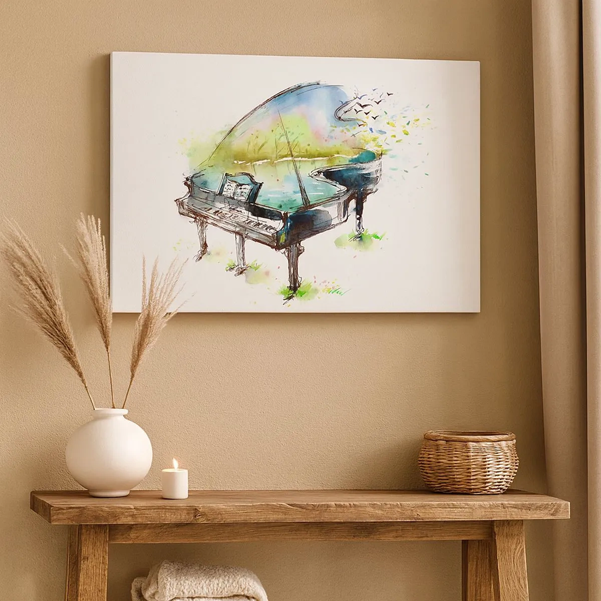 Bild auf Leinwand - Leinwandbild - Künstlerische Aquarellmalerei eines Klaviers mit der Natur im Hintergrund - 70x50cm - Von Musik verzaubert - Moderne Wanddekoration für Wohnzimmer und Schlafzimmer ARTTOR