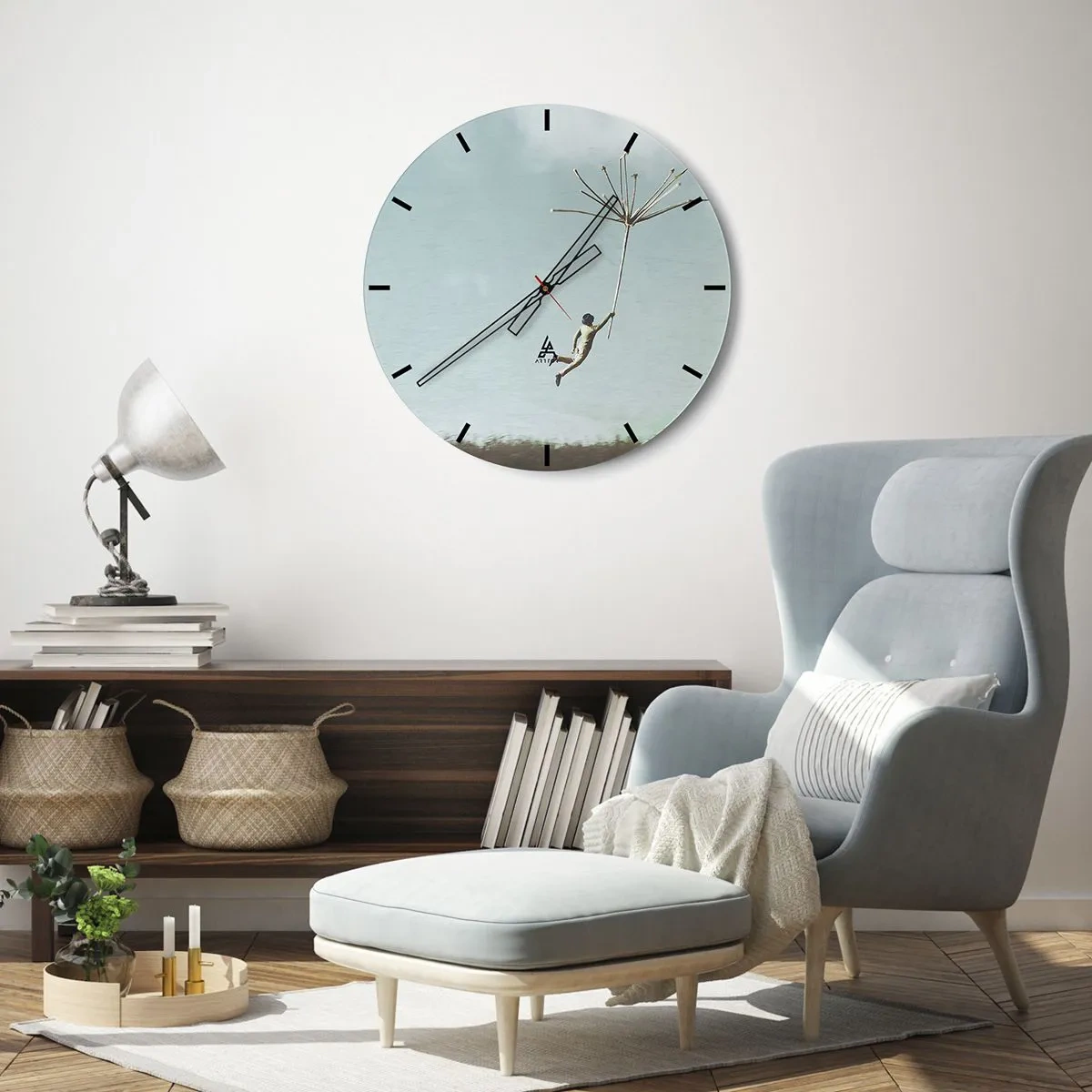 Wanduhr - Glasuhr - Eine in der Luft schwebende Figur, die einen riesigen Löwenzahn hält - 30x30cm - Drachen, Löwenzahn, Wind - Moderne Wanddekoration für Wohnzimmer, Küche und Schlafzimmer ARTTOR