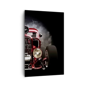 Bild auf Leinwand - Leinwandbild - Roter klassischer Rennwagen auf dunklem Hintergrund - 80x120cm - Schnell und wahnsinnig schön - Moderne Wanddekoration für Wohnzimmer und Schlafzimmer ARTTOR