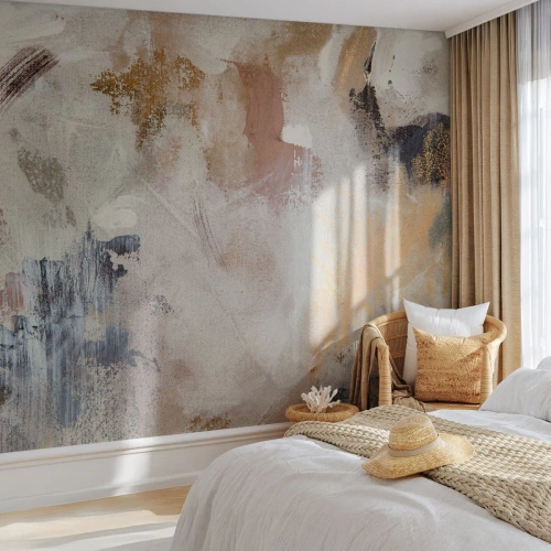 Fototapete Premium Canvas - Abstrakte Punkte in gedeckten Beige- und Goldtönen - 100x70cm - Neblige Abstraktion - Moderne Wanddekoration für Wohnzimmer und Schlafzimmer ARTTOR