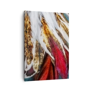 Bild auf Leinwand - Leinwandbild - Nahaufnahme von mehrfarbigen Federn in leuchtenden, intensiven Farben - 50x70cm - Geheimnisse des Fliegens - Moderne Wanddekoration für Wohnzimmer und Schlafzimmer ARTTOR