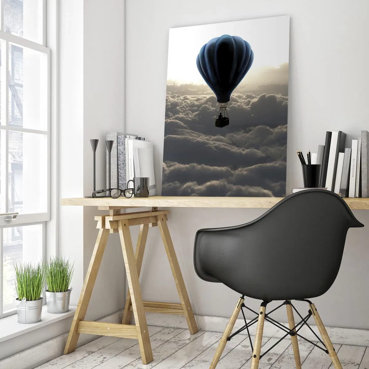 Glasbild - Bild auf glas - Ein Heißluftballon vor einem Himmel mit Wolken bei Sonnenuntergang - 70x100cm - Ein Wanderer über den Wolken - Moderne Wanddekoration für Wohnzimmer und Schlafzimmer ARTTOR