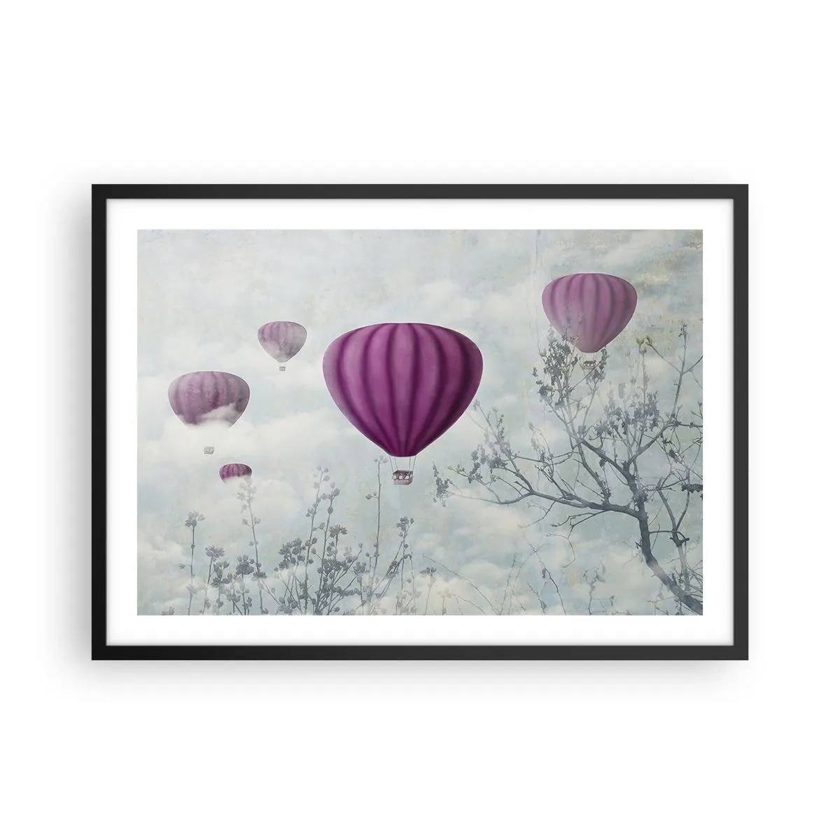 Poster in einem schwarzem Rahmen - Lila Ballons schweben über den Bäumen in den Wolken - 70x50cm - Wie Schiffe am Himmel - Moderne Wanddekoration für Wohnzimmer und Schlafzimmer ARTTOR