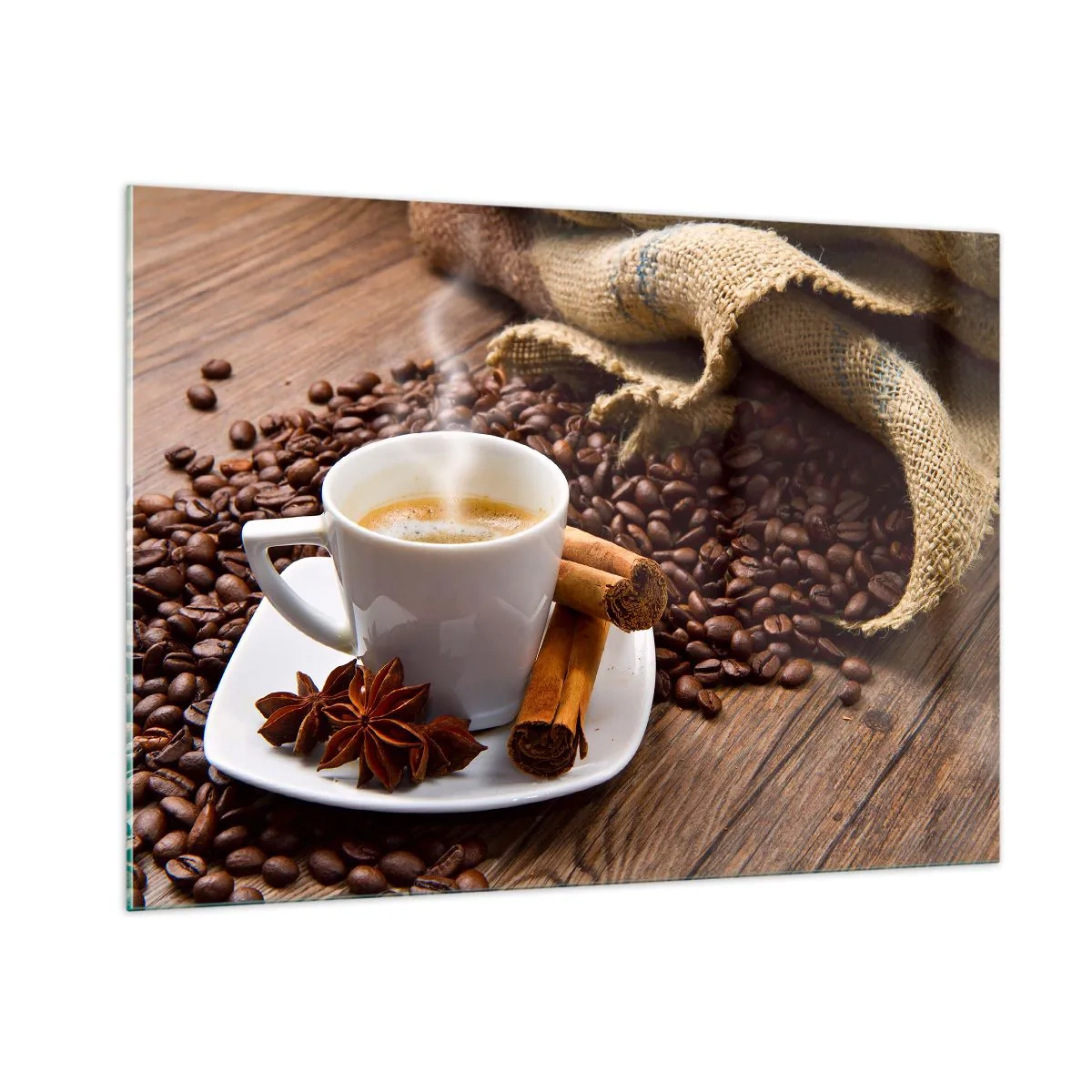 Glasbild - Bild auf glas - Eine Tasse Kaffee mit Zimt und Kaffeebohnen auf einem Holztisch - 100x70cm - Würziger Geschmack und Aroma - Moderne Wanddekoration für Wohnzimmer und Schlafzimmer ARTTOR