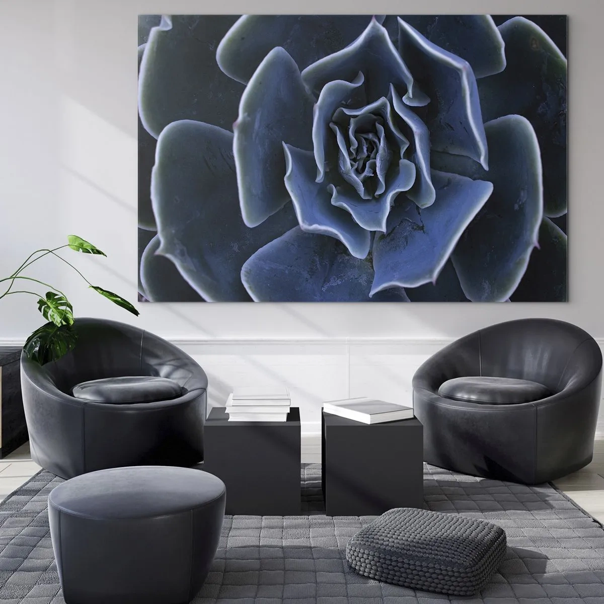 Glasbild - Bild auf glas - Makrofotografie einer Sukkulente in kühlen Blautönen - 120x80cm - Wüstenblume - Moderne Wanddekoration für Wohnzimmer und Schlafzimmer ARTTOR