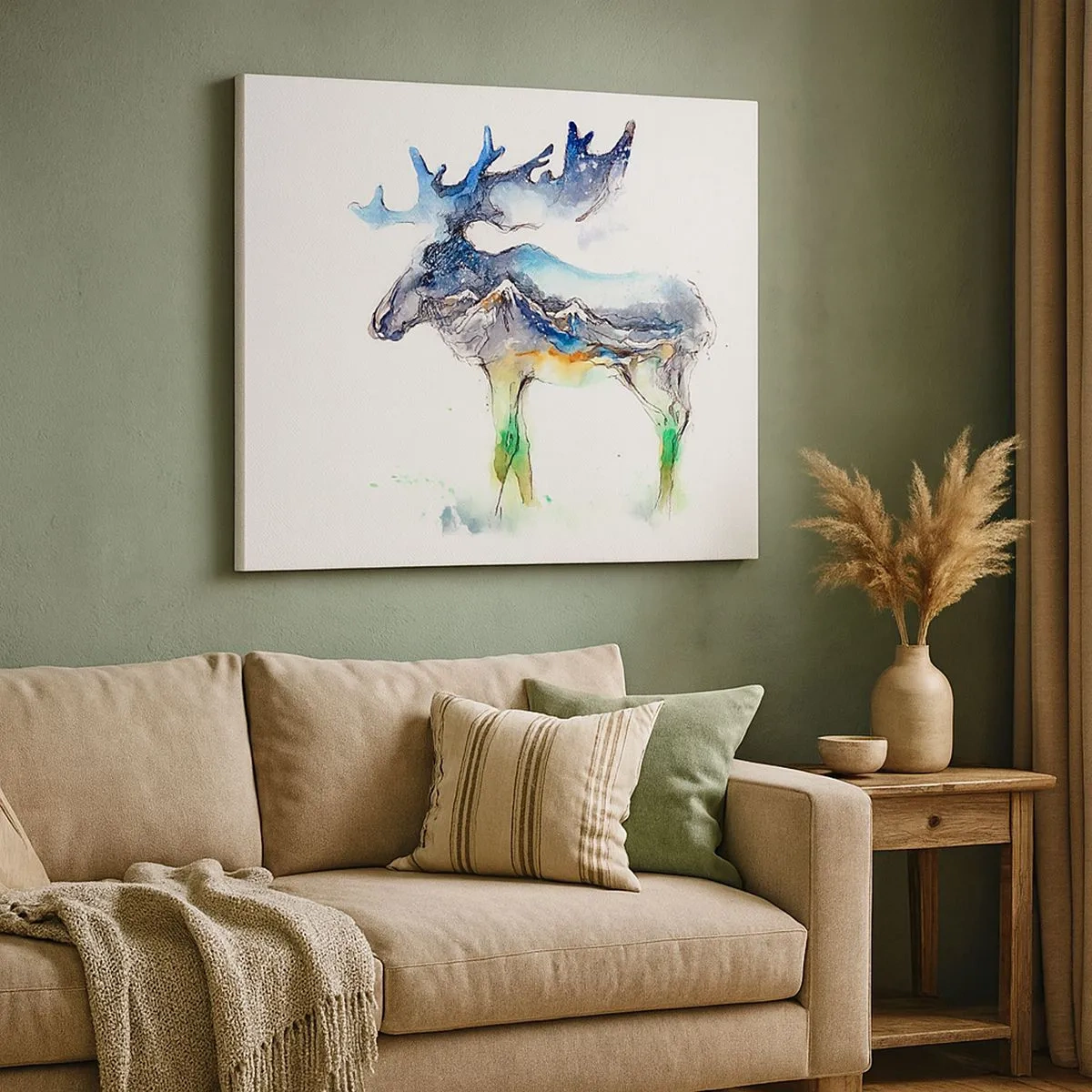 Bild auf Leinwand - Leinwandbild - Aquarell-Silhouette eines Elches mit Berglandschaft - 70x50cm - Der Held eines Wintermärchens - Moderne Wanddekoration für Wohnzimmer und Schlafzimmer ARTTOR