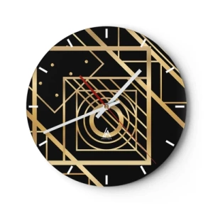 Wanduhr - Glasuhr - Goldenes geometrisches Muster auf schwarzem Hintergrund - 30x30cm - Goldene Geometrie - Moderne Wanddekoration für Wohnzimmer, Küche und Schlafzimmer ARTTOR