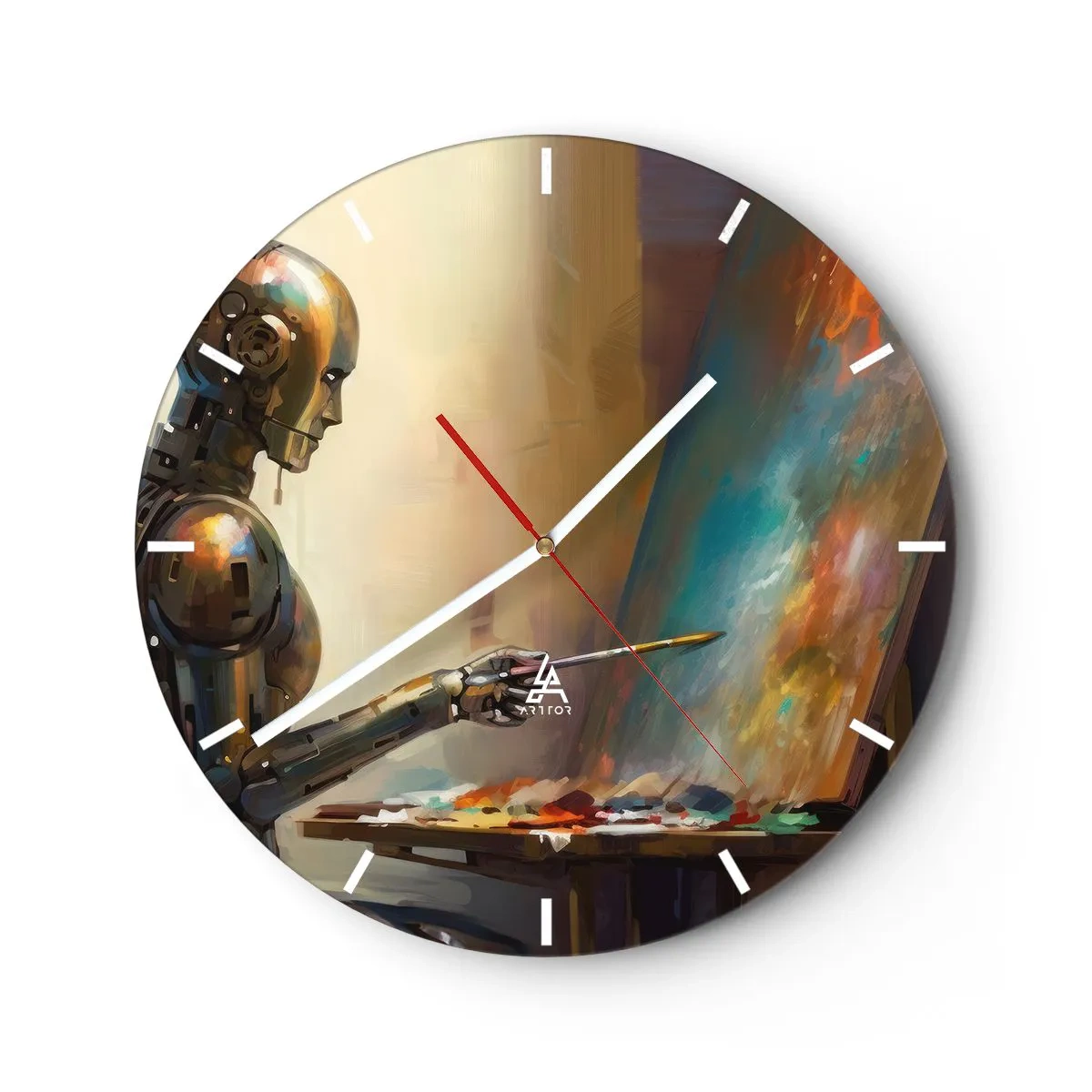 Wanduhr - Glasuhr - Ein Roboter malt ein Bild auf einer Staffelei - 30x30cm - Die Kunst der Zukunft - Moderne Wanddekoration für Wohnzimmer, Küche und Schlafzimmer ARTTOR