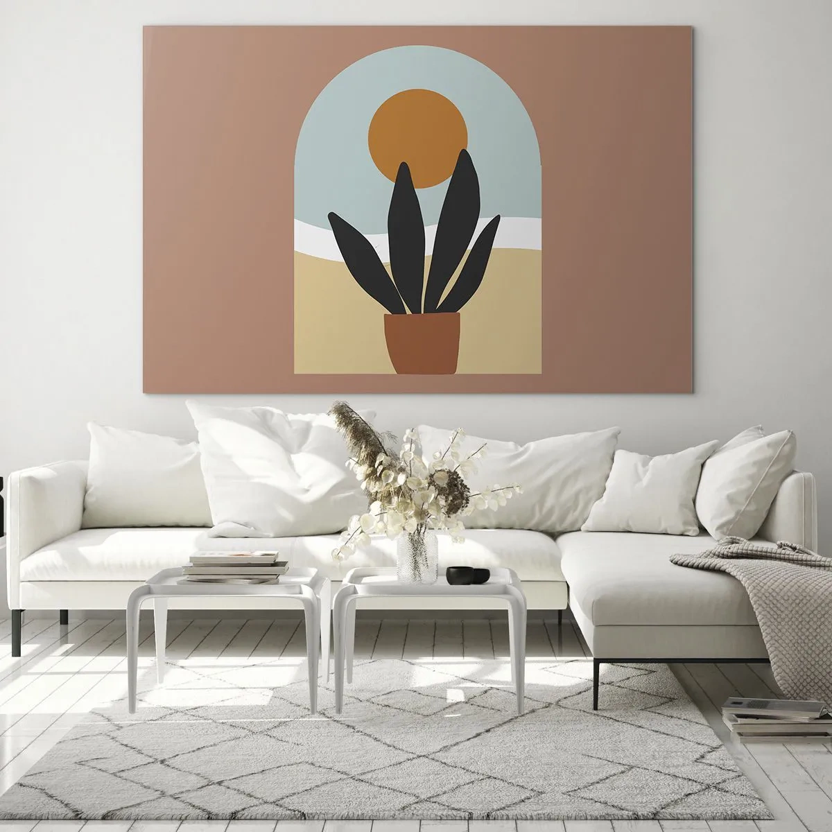 Glasbild - Bild auf glas - Eine abstrakte Szene mit einer Topfpflanze und der Sonne im Hintergrund, in Pastellfarben. - 120x80cm - Kleine Freuden - Moderne Wanddekoration für Wohnzimmer und Schlafzimmer ARTTOR