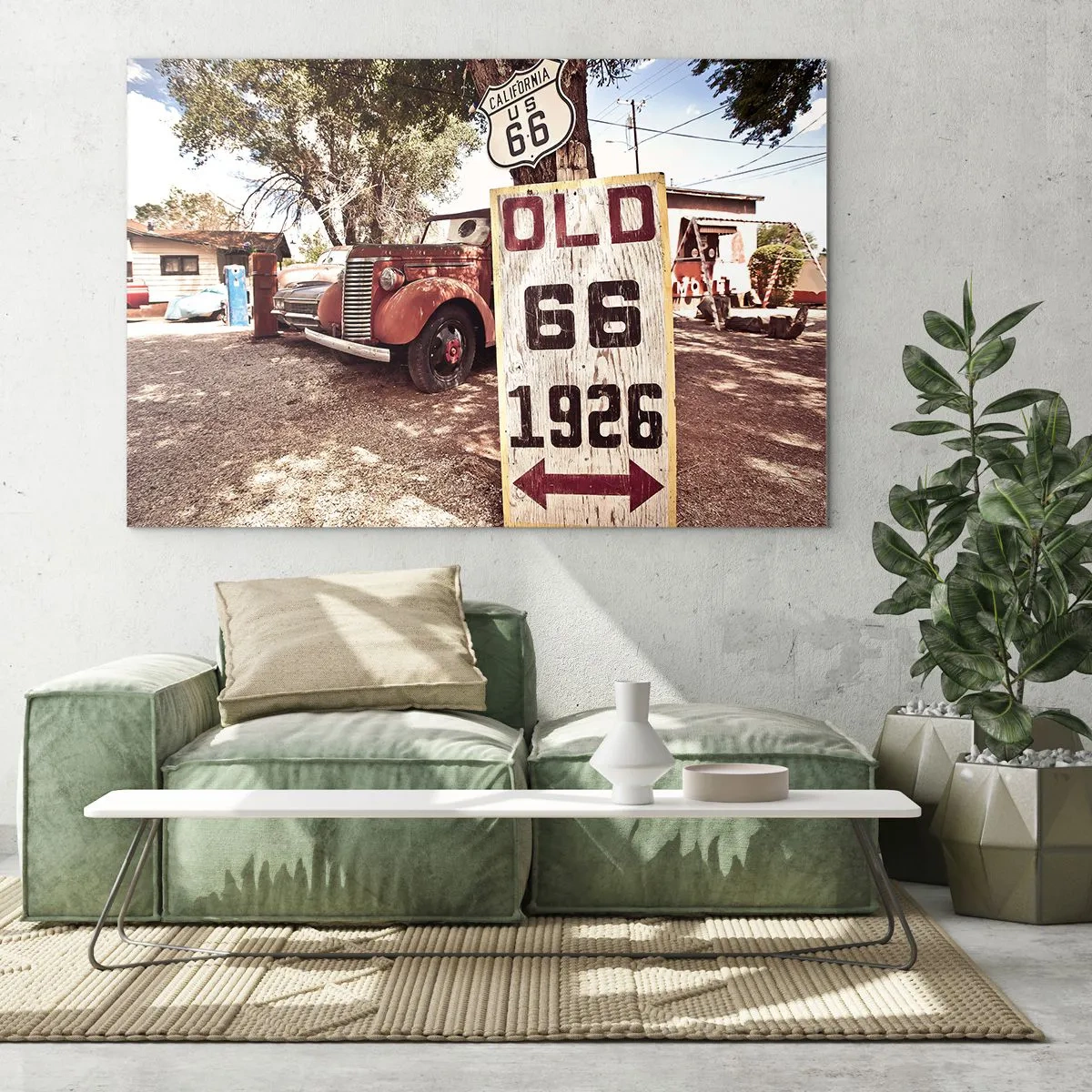 Glasbild - Bild auf glas - Oldtimer und Retro-Route 66-Schild - 100x70cm - Die Legende der amerikanischen Provinz - Moderne Wanddekoration für Wohnzimmer und Schlafzimmer ARTTOR