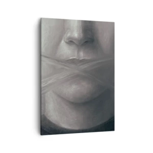 Bild auf Leinwand - Leinwandbild - Ein symbolisches Porträt mit verschwommenen Lippen in Grautönen. - 50x70cm - Ohne ein Wort - Moderne Wanddekoration für Wohnzimmer und Schlafzimmer ARTTOR