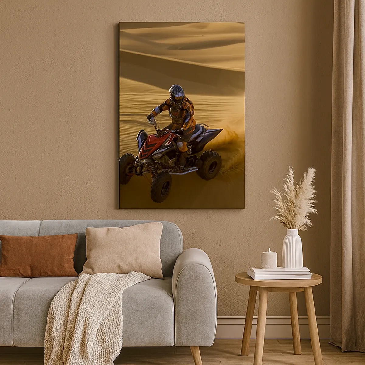 Bild auf Leinwand - Leinwandbild - Ein Motorradfahrer auf einem Quad rast über die Sanddünen der Wüste - 50x70cm - Auf den Sandwellen - Moderne Wanddekoration für Wohnzimmer und Schlafzimmer ARTTOR