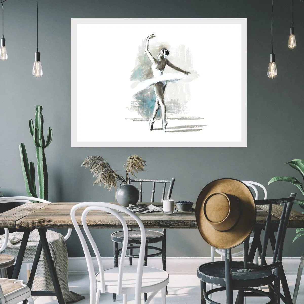 Poster - Eine Balletttänzerin in einer Ballettpose vor einem Hintergrund aus zarten Aquarelltönen. - 100x70cm - In einen Schwan verzaubert - Moderne Wanddekoration für Wohnzimmer und Schlafzimmer ARTTOR