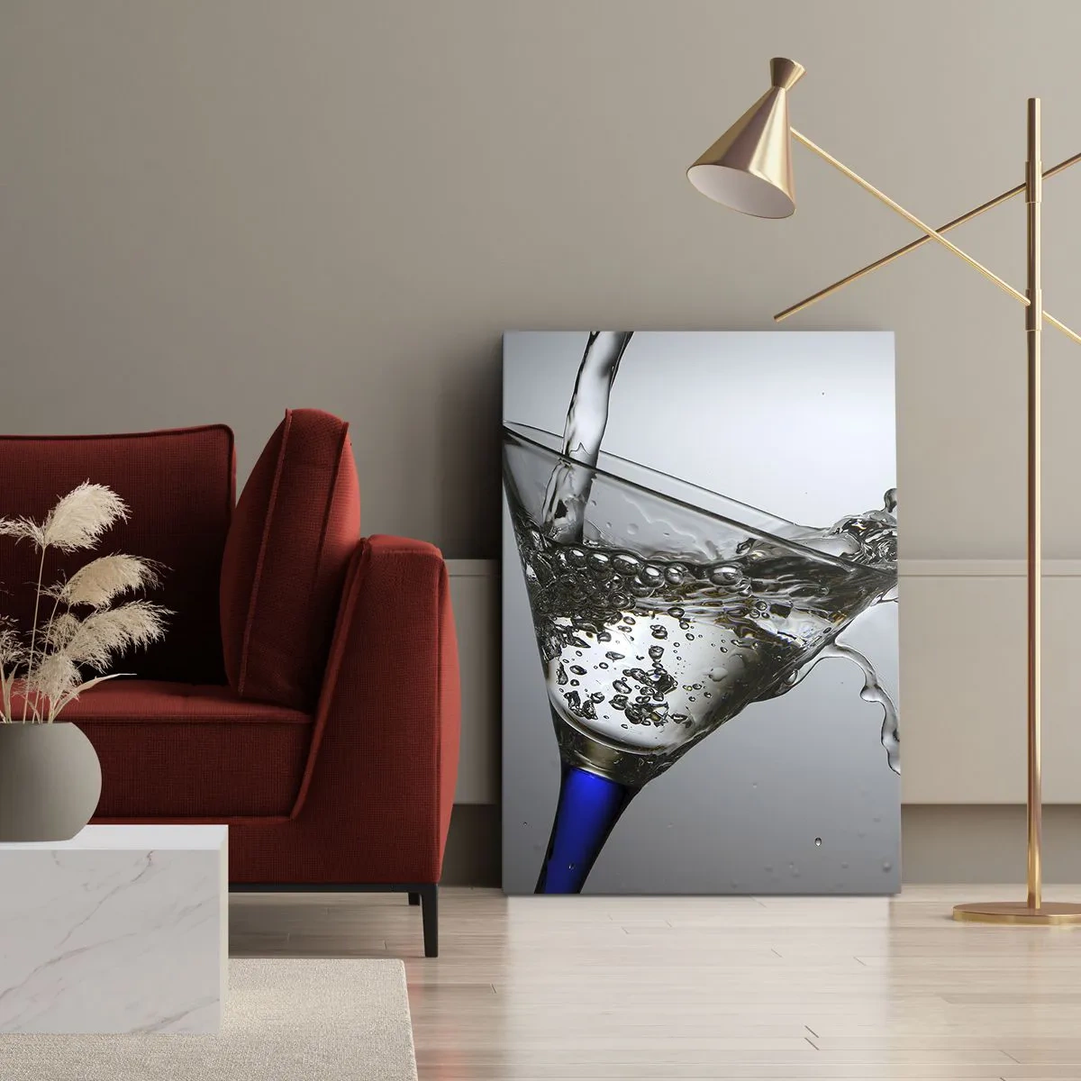 Bild auf Leinwand - Leinwandbild - Ein Glas Wasser in Bewegung auf hellem Hintergrund - 50x70cm - Kristallwasser in Kristallglas - Moderne Wanddekoration für Wohnzimmer und Schlafzimmer ARTTOR