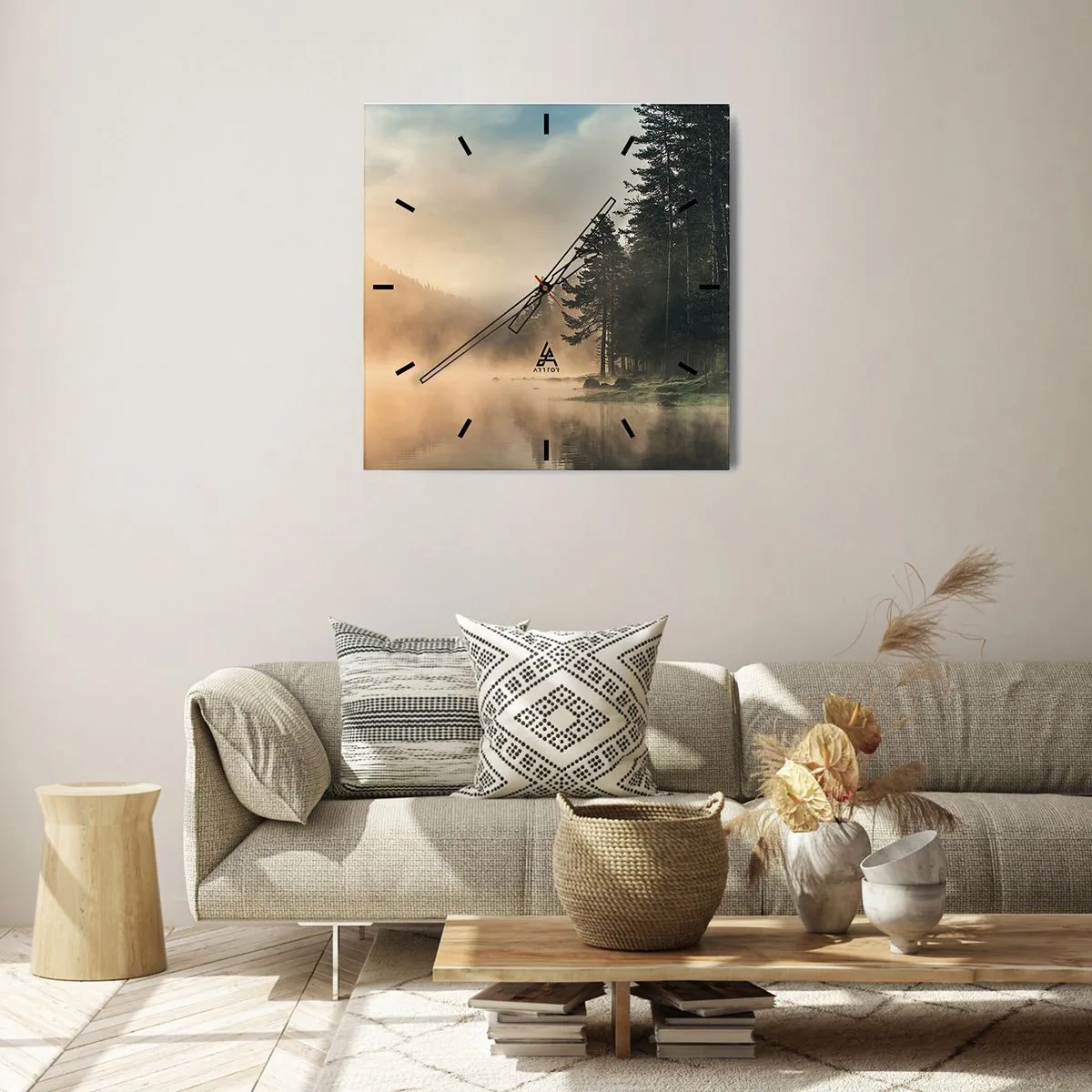 Wanduhr - Glasuhr - Ein nebliger Wald über einem ruhigen See - 30x30cm - Die Geburt des Tages - Moderne Wanddekoration für Wohnzimmer und Schlafzimmer ARTTOR