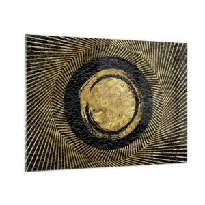 Glasbild - Bild auf glas - Goldener Kreis mit Strahlen auf schwarzem Hintergrund im glamourösen Stil - 70x50cm - Glamour-Komposition - Moderne Wanddekoration für Wohnzimmer und Schlafzimmer ARTTOR