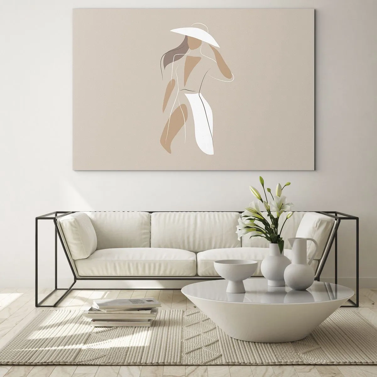 Glasbild - Bild auf glas - Stilisierte Figur einer Frau mit weißem Hut - 120x80cm - Mode macht Spaß - Moderne Wanddekoration für Wohnzimmer und Schlafzimmer ARTTOR