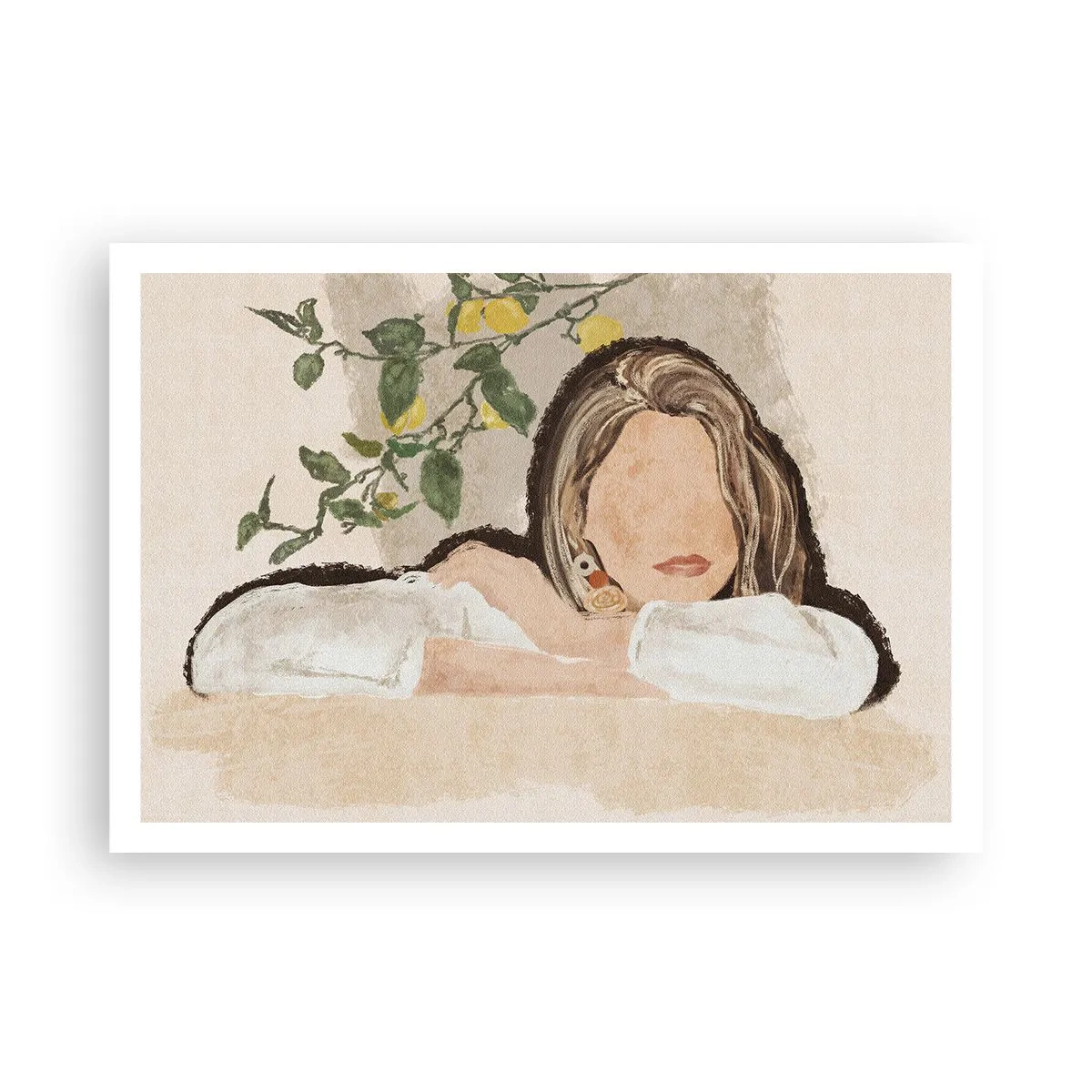 Poster - Die Figur einer Frau vor dem Hintergrund eines Zitronenbaums - 100x70cm - Südländische Schönheit - Moderne Wanddekoration für Wohnzimmer und Schlafzimmer ARTTOR