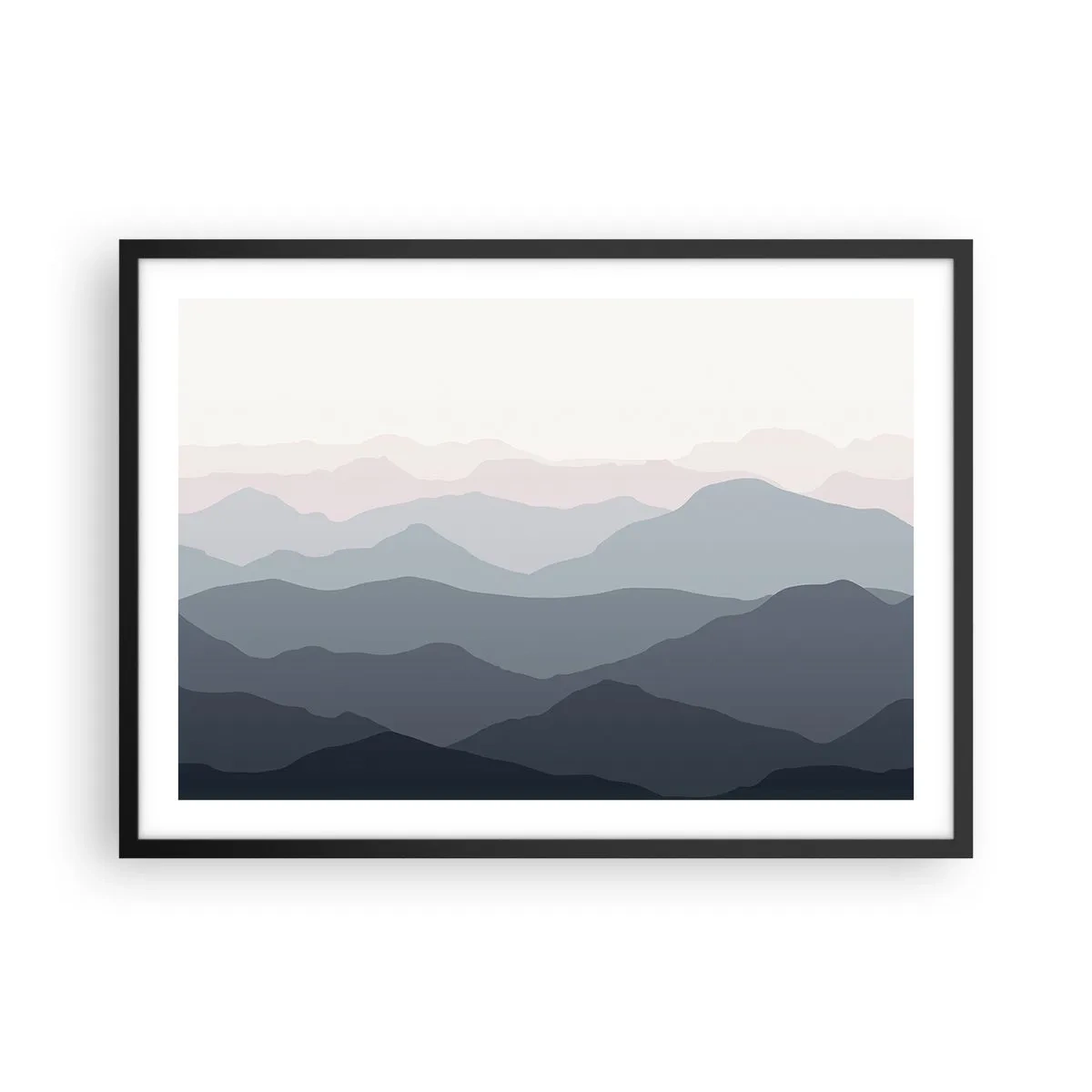 Poster in einem schwarzem Rahmen - Dezente Bergschichten in Grau- und Blautönen - 70x50cm - Wellen der Berge - Moderne Wanddekoration für Wohnzimmer und Schlafzimmer ARTTOR
