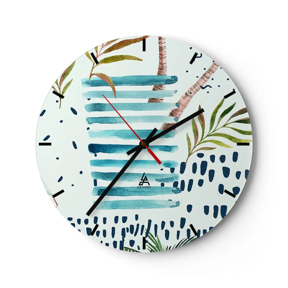Wanduhr - Glasuhr - Abstrakte Palmen und blaue Muster - 30x30cm - Urlaub unter Palmen - Moderne Wanddekoration für Wohnzimmer, Küche und Schlafzimmer ARTTOR