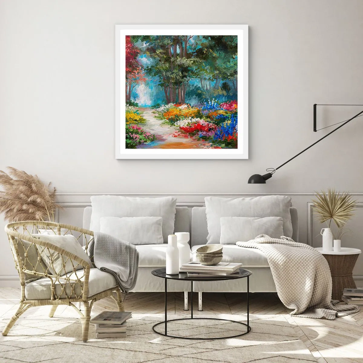 Poster in einem weißen Rahmen - Waldgarten, Blumenwald - 30x30 cm