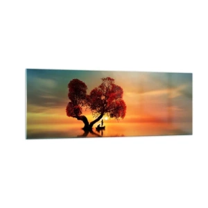 Glasbild - Bild auf glas - Ein rotblättriger Baum und ein Boot auf dem Wasser bei Sonnenuntergang - 140x50cm - Oddaysons und die Stille der Weltlosen - Moderne Wanddekoration für Wohnzimmer und Schlafzimmer ARTTOR