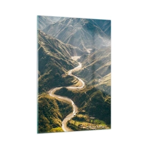 Glasbild - Bild auf glas - Eine kurvenreiche Straße schlängelt sich durch grüne Bergtäler - 50x70cm - Direkt aus dem Herzen der Berge - Moderne Wanddekoration für Wohnzimmer und Schlafzimmer ARTTOR