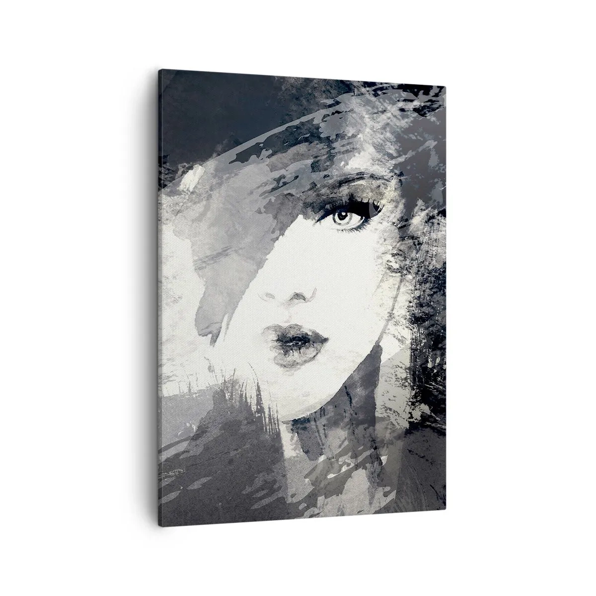 Bild auf Leinwand - Leinwandbild - Ein abstraktes Frauenporträt in Grautönen mit zarten Akzenten. - 50x70cm - Hinter einem grauen Schleier - Moderne Wanddekoration für Wohnzimmer und Schlafzimmer ARTTOR