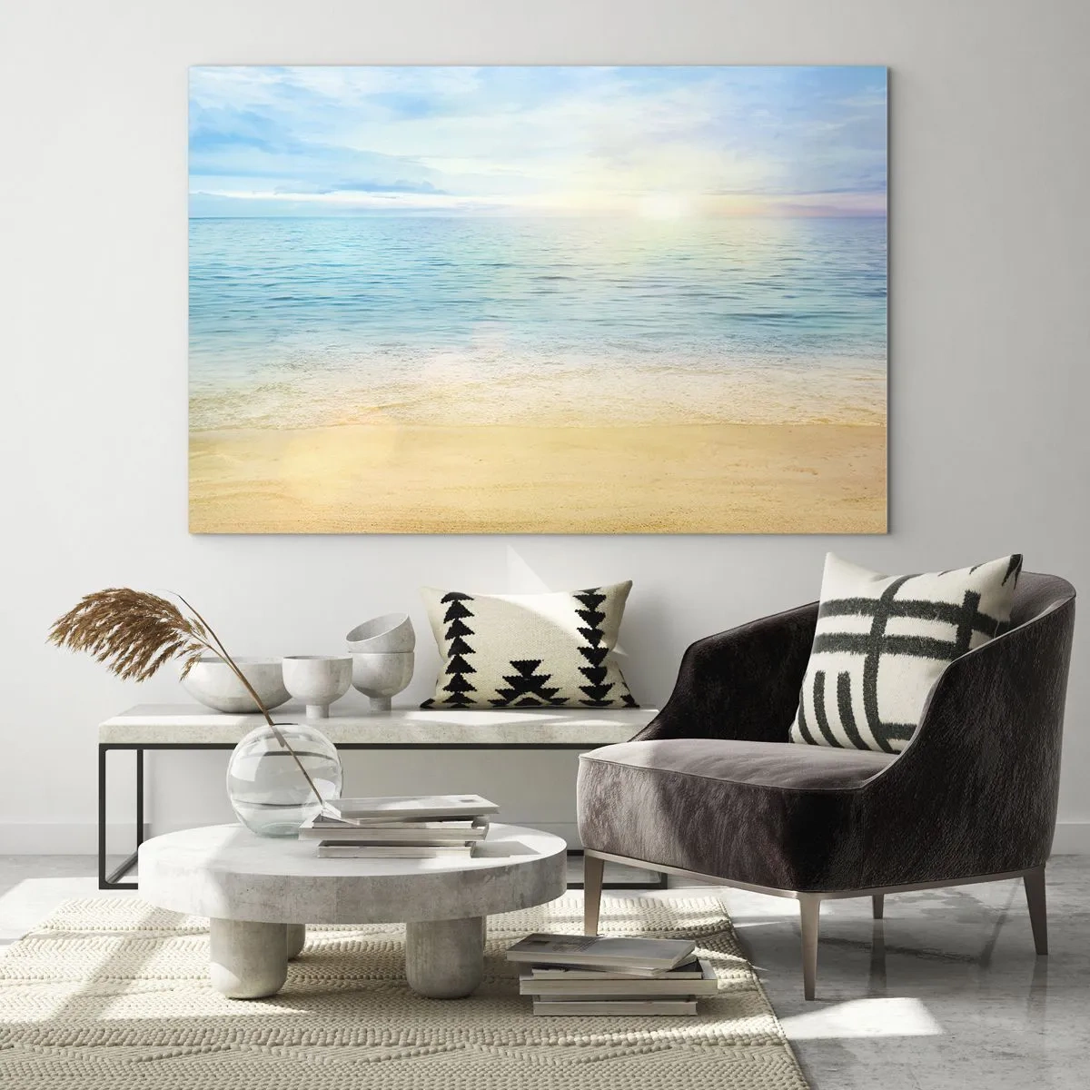 Glasbild - Bild auf glas - Ein sonniger Strand mit azurblauem Meer und Himmel - 70x50cm - Großes Blau - Moderne Wanddekoration für Wohnzimmer und Schlafzimmer ARTTOR