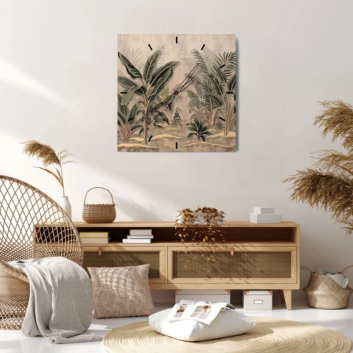 Wanduhr - Glasuhr - Palmen und tropische Vegetation in Grüntönen auf beigem Hintergrund - 30x30cm - Eine Gravur im Kolonialstil - Moderne Wanddekoration für Wohnzimmer und Schlafzimmer ARTTOR