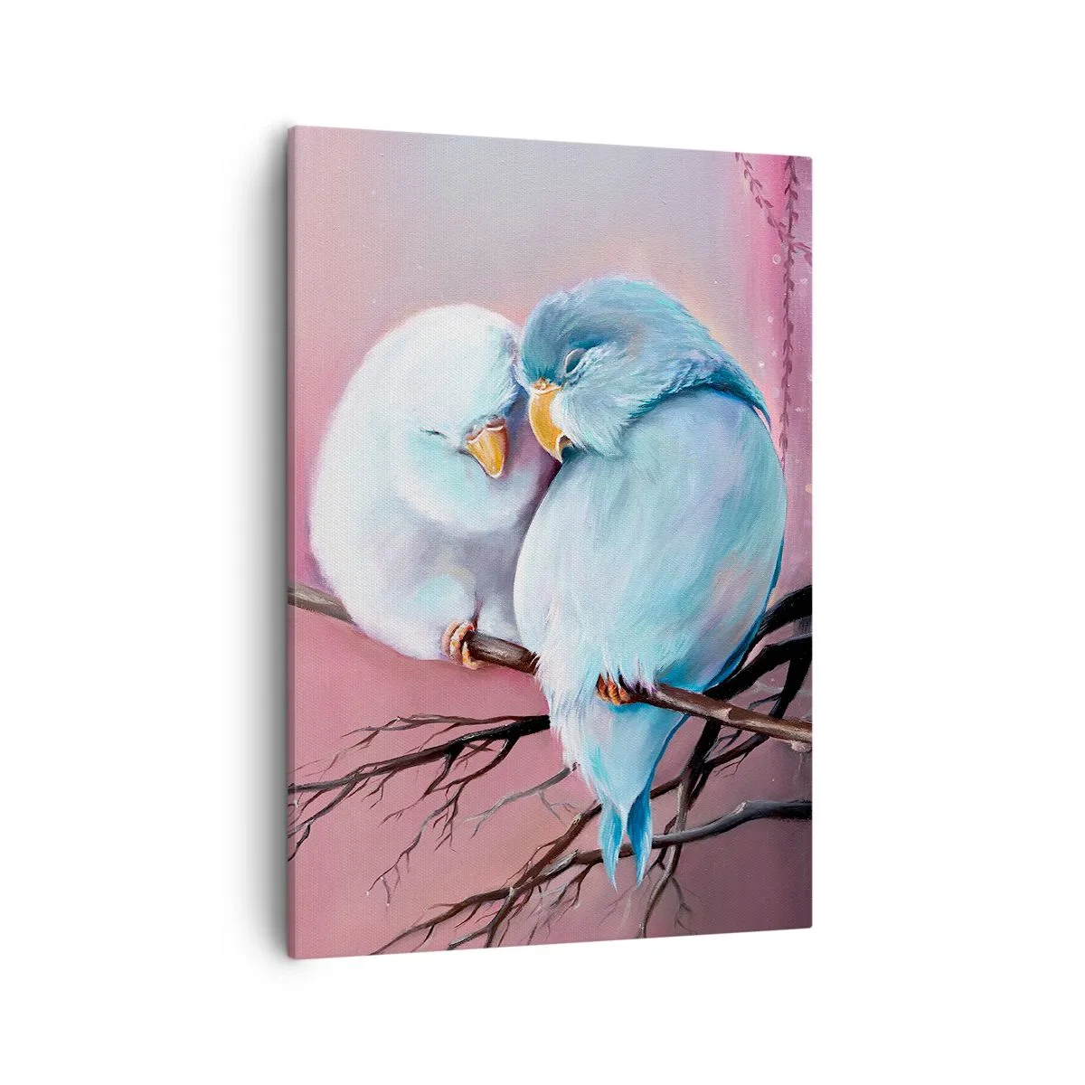 Bild auf Leinwand - Leinwandbild - Zwei verliebte Vögel auf einem Ast auf rosa Hintergrund - 50x70cm - Was kann ich hier hinzufügen? ... - Moderne Wanddekoration für Wohnzimmer und Schlafzimmer ARTTOR