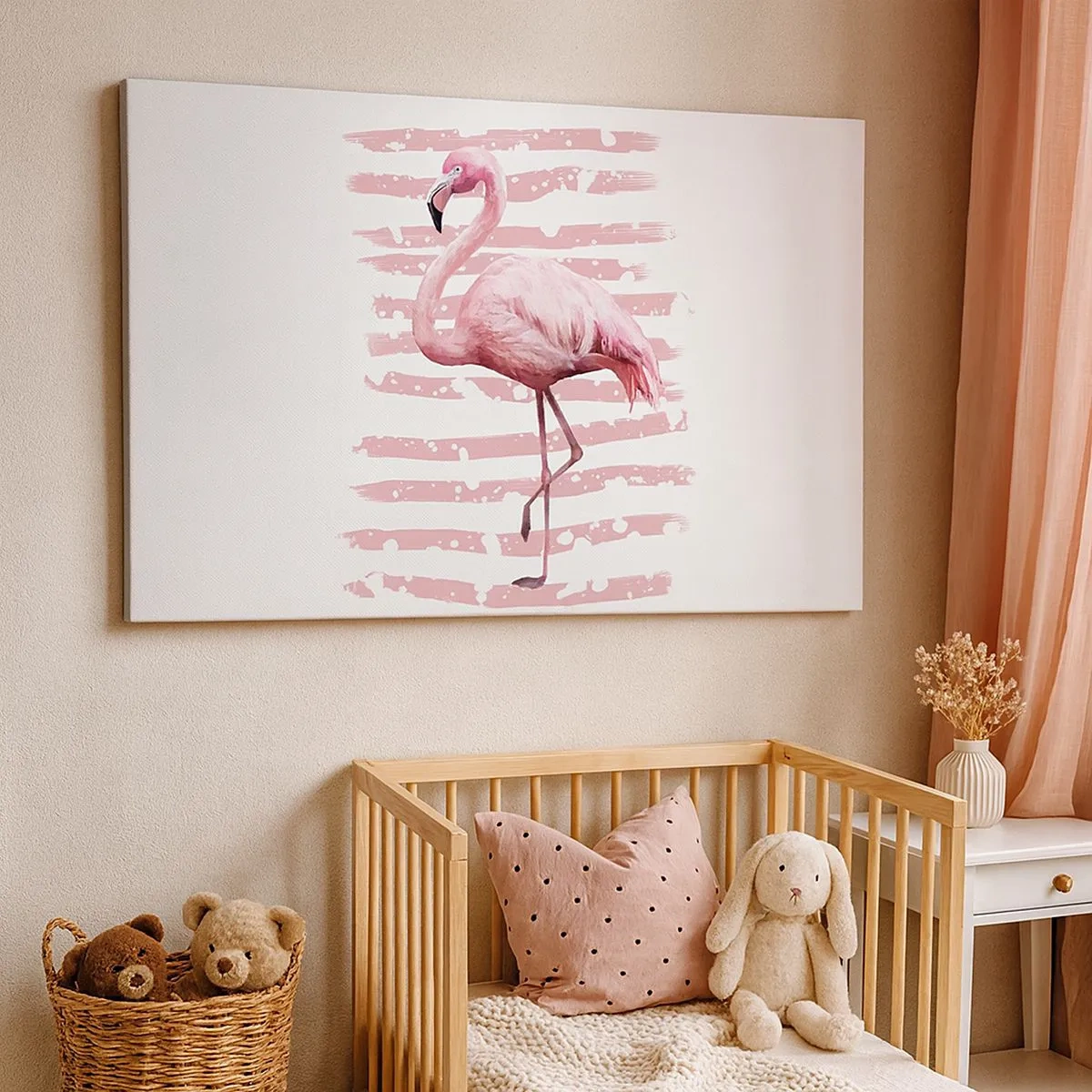 Bild auf Leinwand - Leinwandbild - Flamingo auf rosa Hintergrund im minimalistischen Stil - 70x50cm - In Würde, aber in Pink - Moderne Wanddekoration für Wohnzimmer und Schlafzimmer ARTTOR